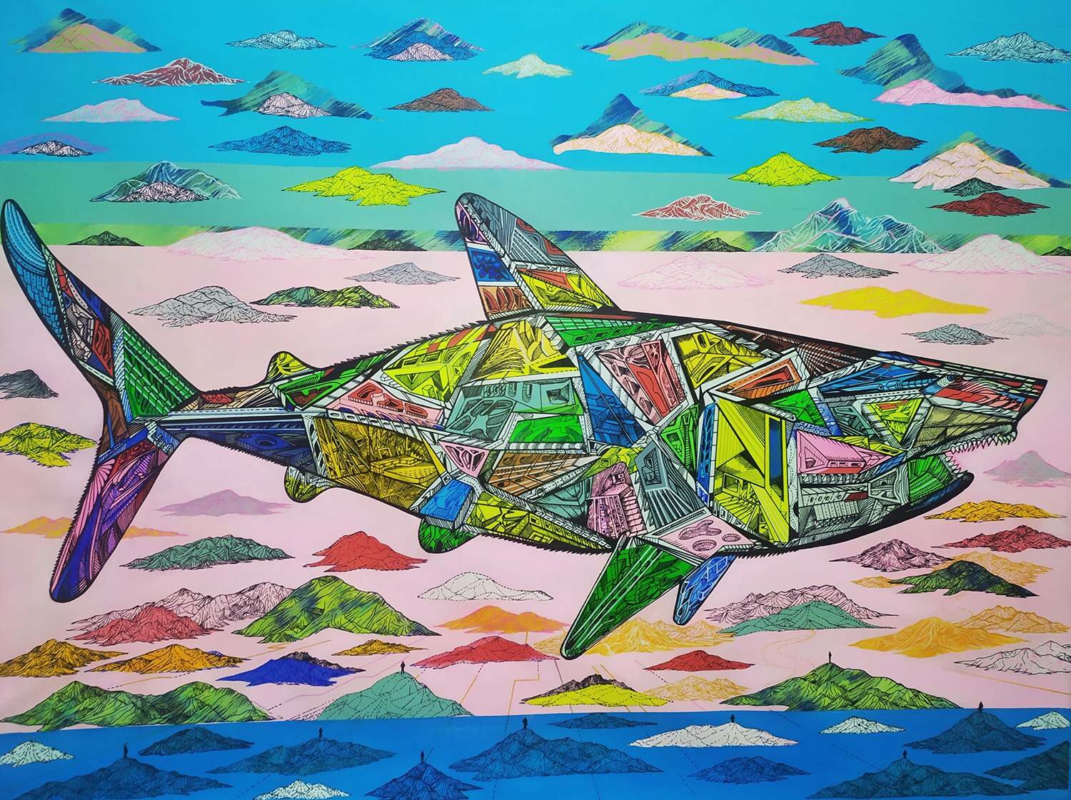 Levitator is an acrylic painting on canvas, representing a colorful white shark that wanders above the colorful desert dunes. Art by Marko Gavrilovic.