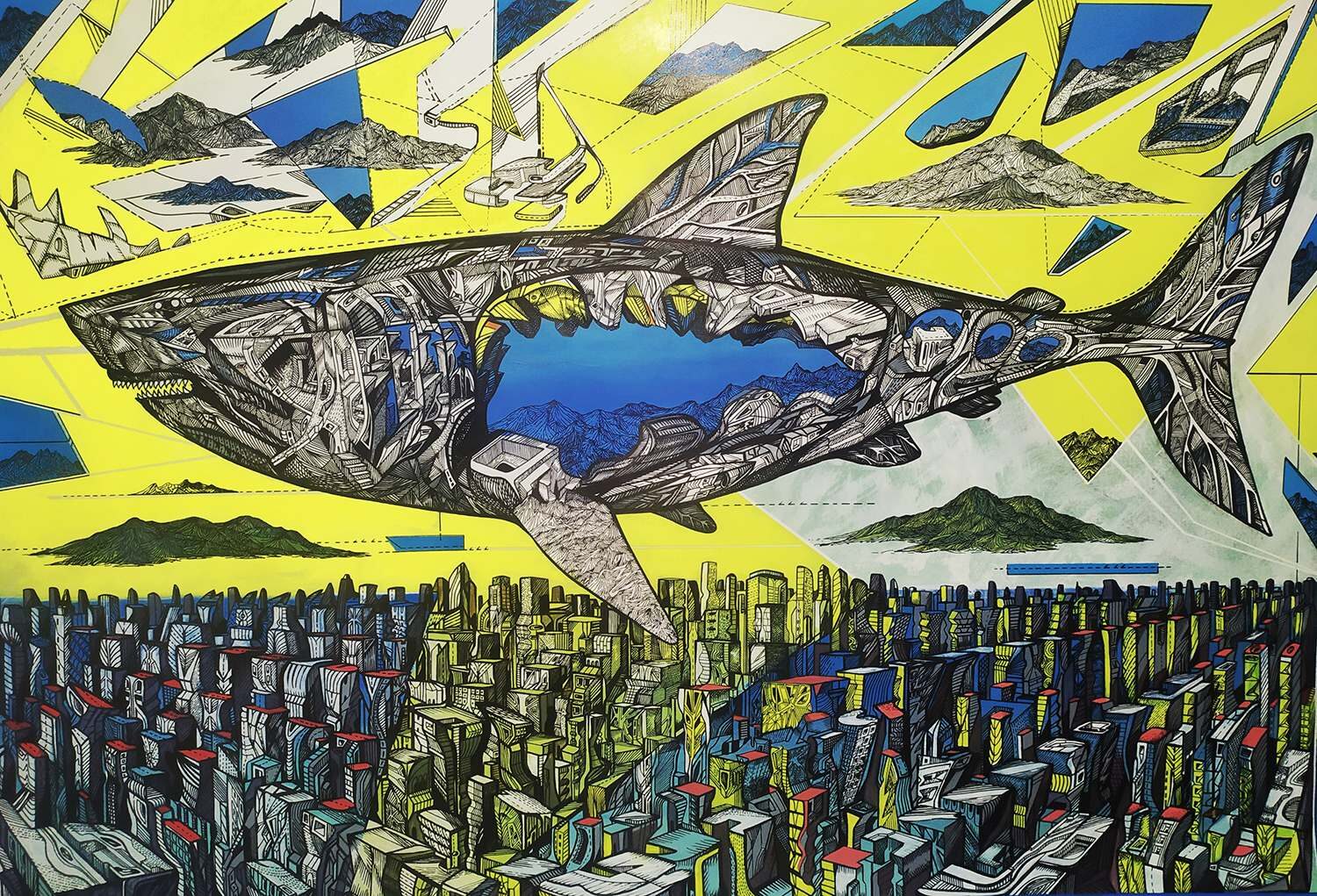 The Endless sea inside is a big white shark painting that circles above the blue city. The painting was made in 2020 by artist Marko Gavrilovic