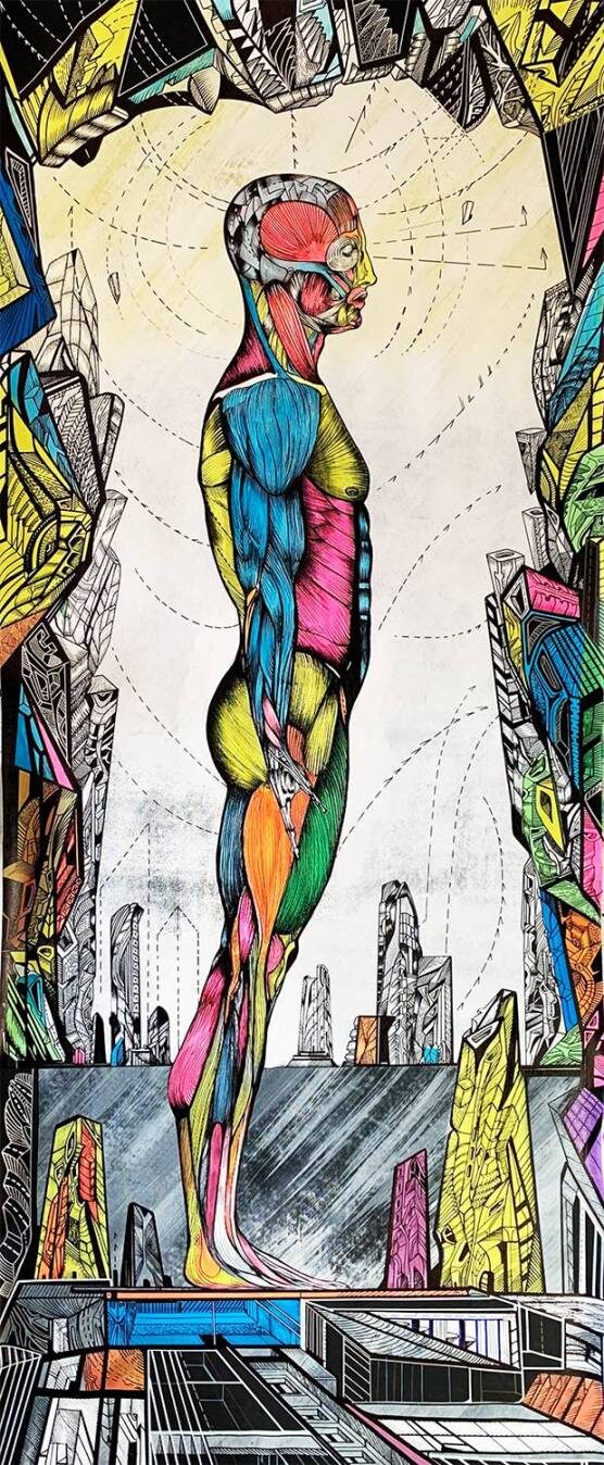 Anatomy of the city, acrylic drawing on canvas, 80 x 215 cm, artist Marko Gavrilovic