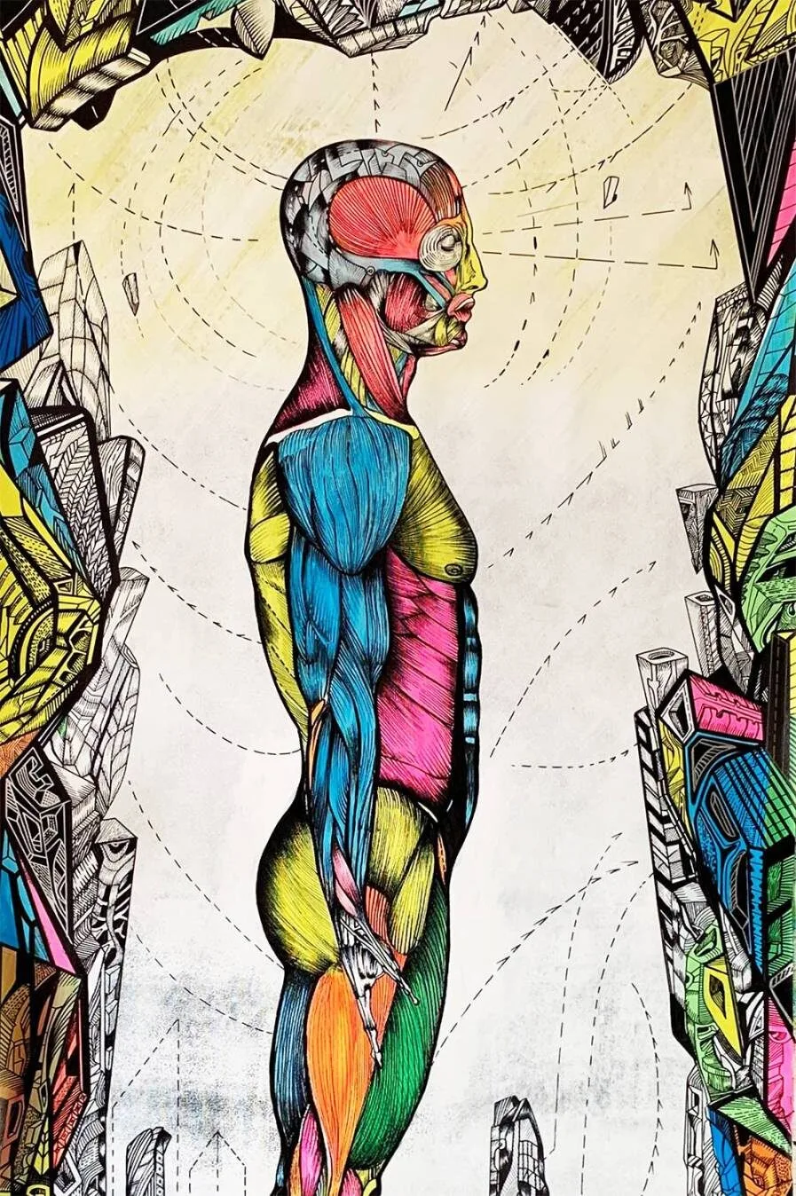 Anatomy of the city, acrylic drawing on canvas,close-up, artist Marko Gavrilovic