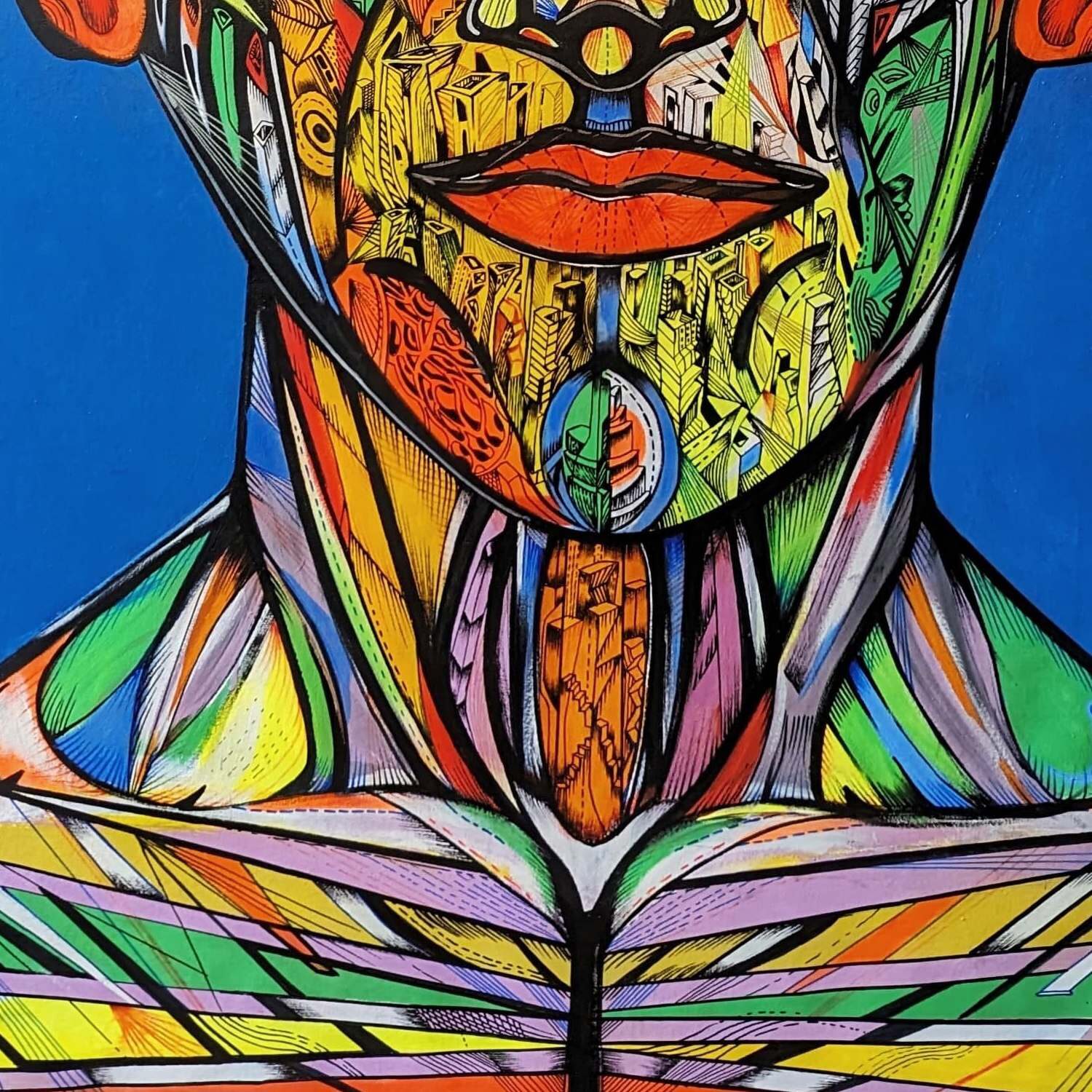 Jaguar man, acrylic drawing on canvas,close-up 1