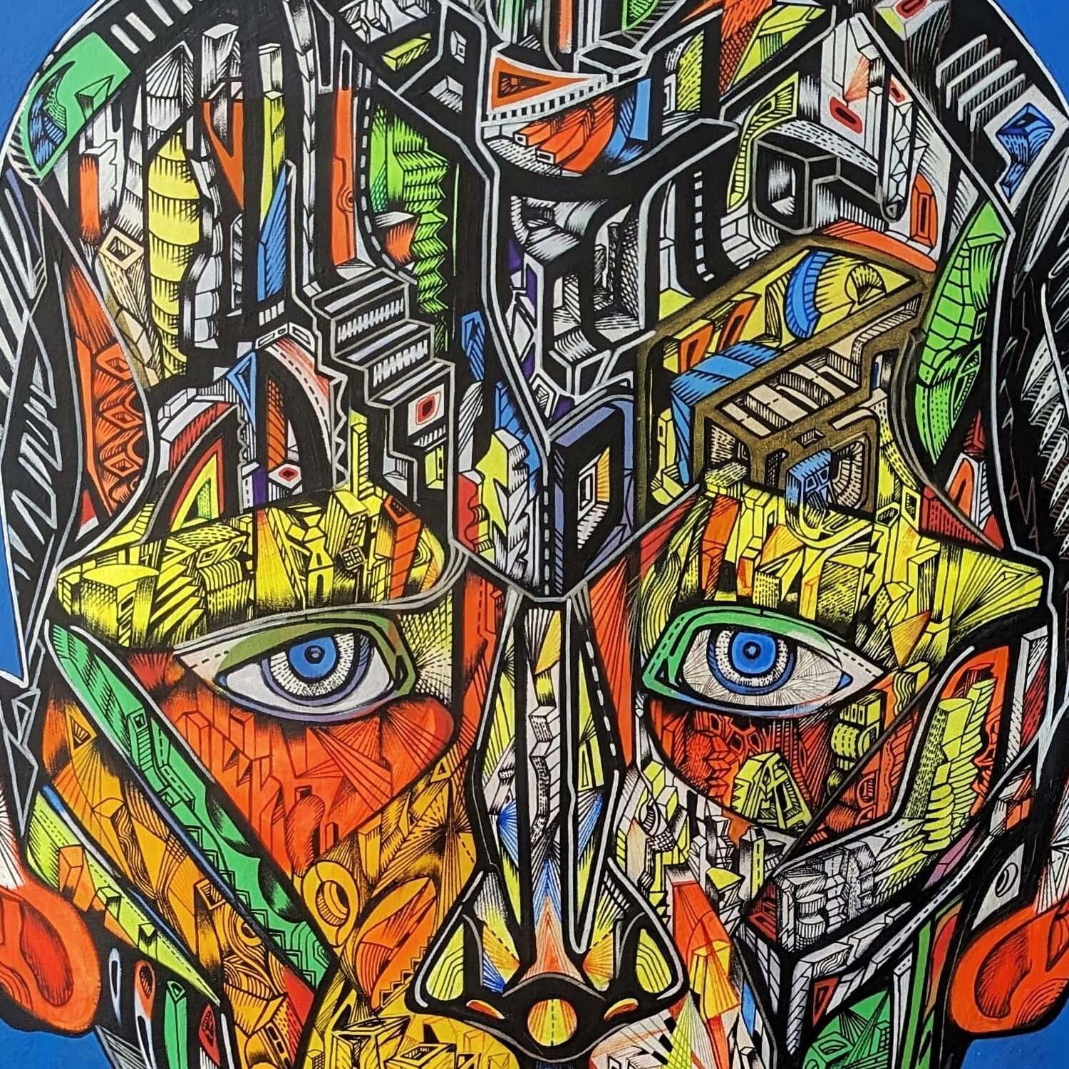 Jaguar man, acrylic drawing on canvas,close-up 2